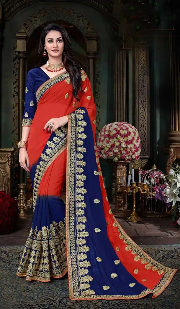 Enigmatic Red & Navy Blue Georgette Treditional Saree | 377345086