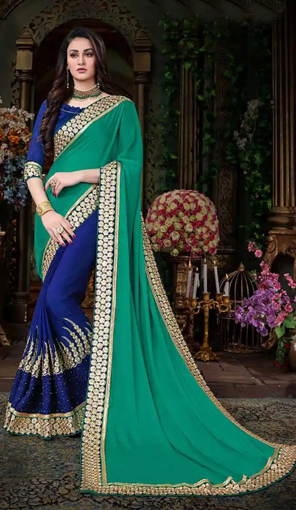 Green & Navy Blue Georgette Treditional Saree | 377345087