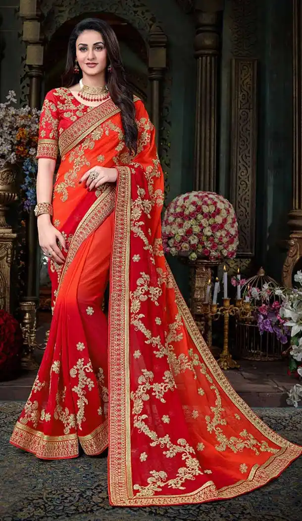 Chic Red & Orange Georgette Treditional Saree | 377345088