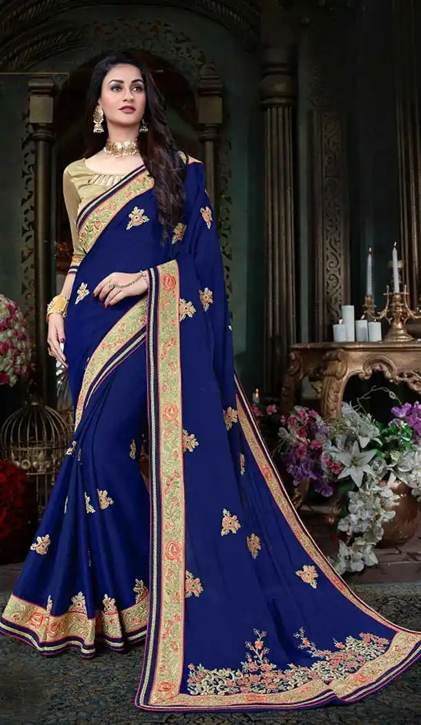 Vivacious Navy Blue Georgette Treditional Saree | 377345090