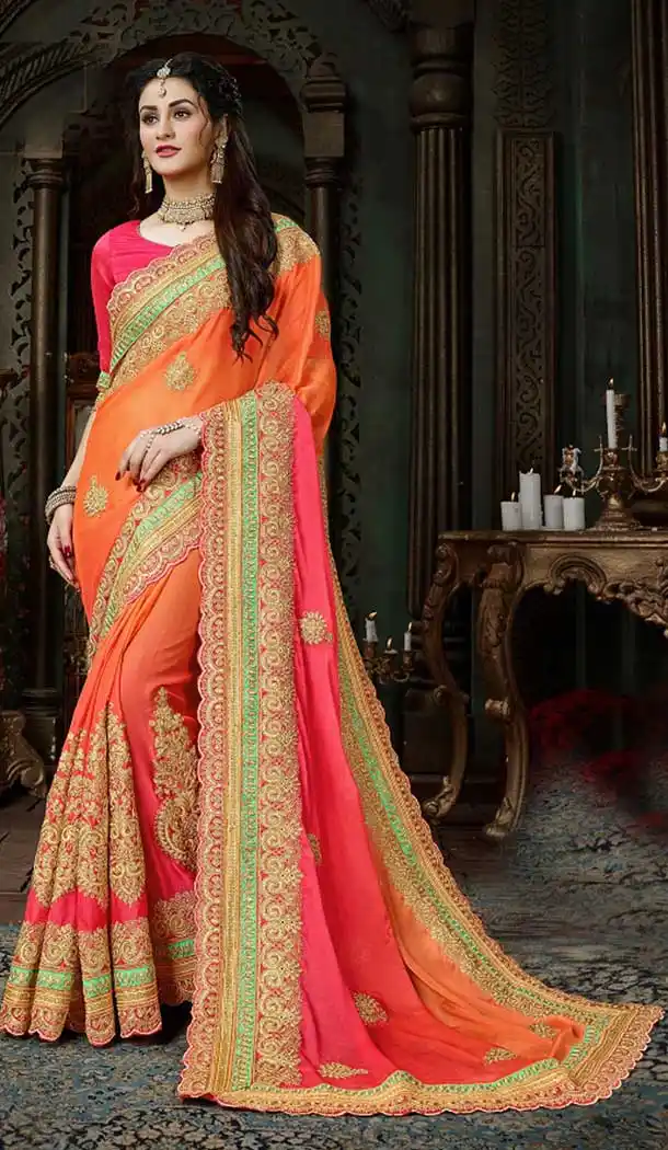 Contemporary Orange & Pink Moss Chiffon Treditional Saree | 377345092