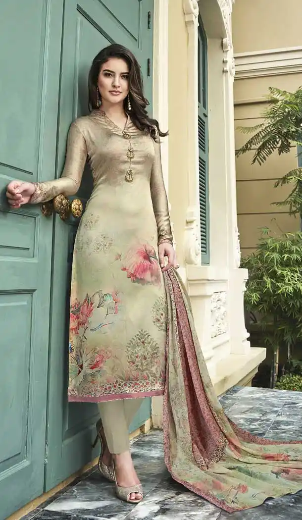 Multi Color Maska Satin Straight Cut Digital Printed Salwar Kameez | 376144912