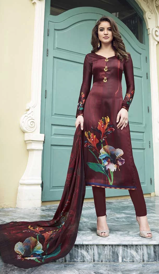 Coffee Color Maska Satin Straight Cut Digital Printed Salwar Kameez | 376144913 Coffee Color Maska Satin Straight Cut Digital Printed Salwar Kameez | 376144913