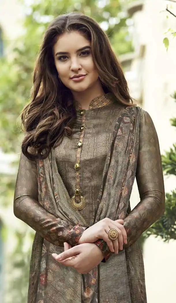 Digital Printed Maska Satin Straight Cut Light Coffee Color Salwar Kameez | 376144918