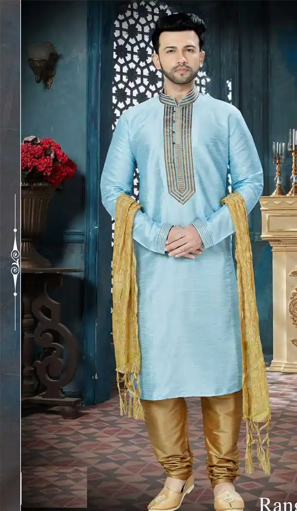 Flamboyant Sky Blue Color Art Dupion Readymade Kurta Pajama | Vol3R135