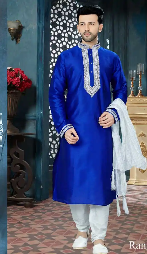 Unique Royal Blue Color Art Dupion Readymade Kurta Pajama | Vol3R136