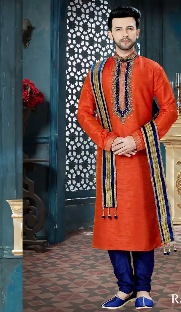 Enigmatic Orange Color Banglore Silk Readymade Kurta Pajama | Vol3R138