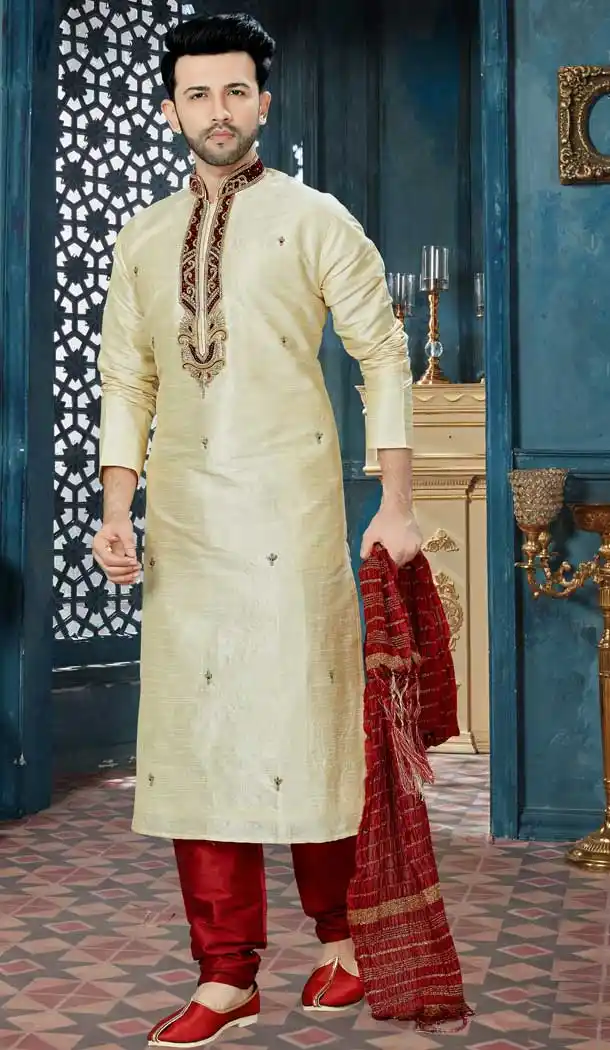 Gold Color Art Dupion Readymade Kurta Pajama | Vol3R145