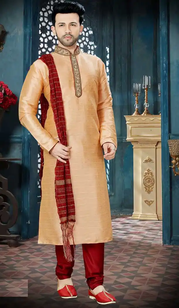 Peach Color Chanderi Jaquard Readymade Kurta Pajama | Vol3R148