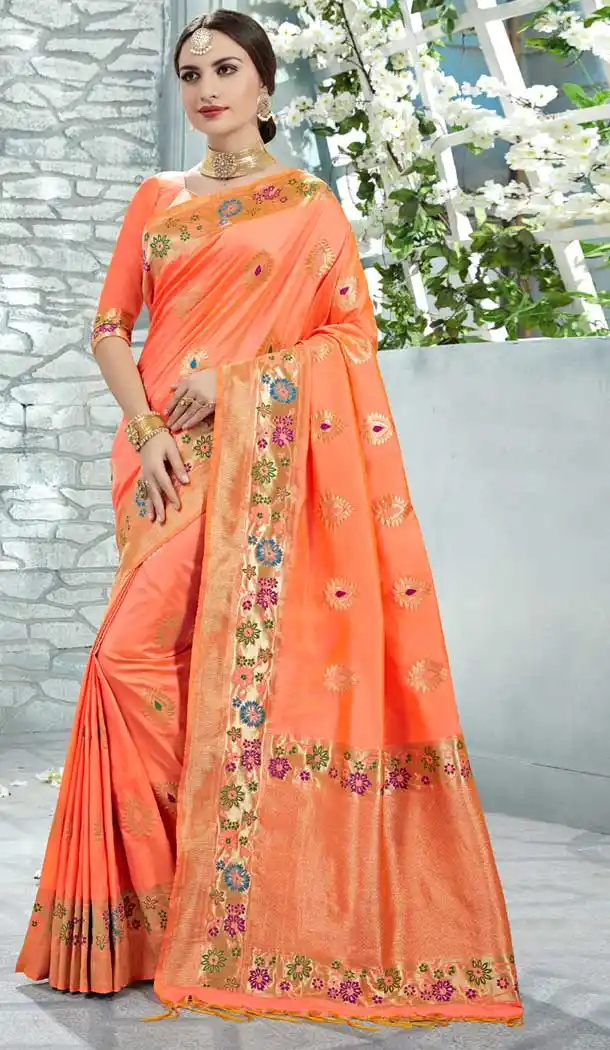 Stunning Peach Color Uppada Silk Party Wear Sarees | 377645158