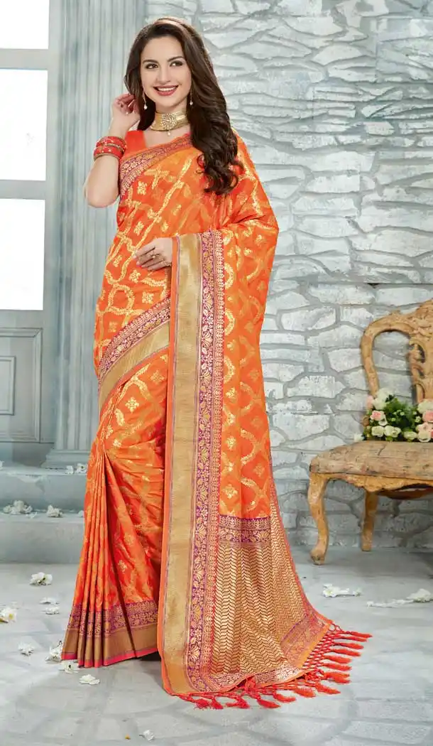 Adorable Orange Color Uppada Silk Party Wear Sarees | 377645161