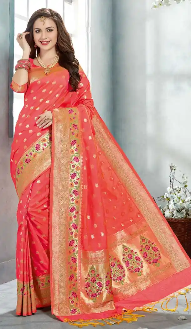 Captivating Peach Color Uppada Silk Party Wear Sarees | 377645167
