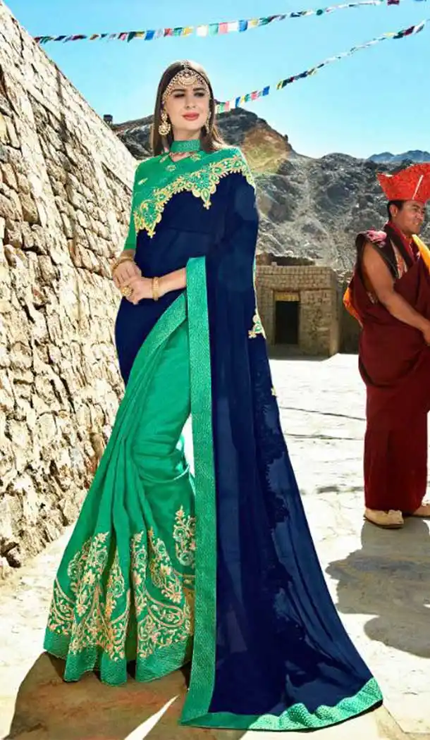 Blue and Green Color Rangoli Treditional Saree | 379145392