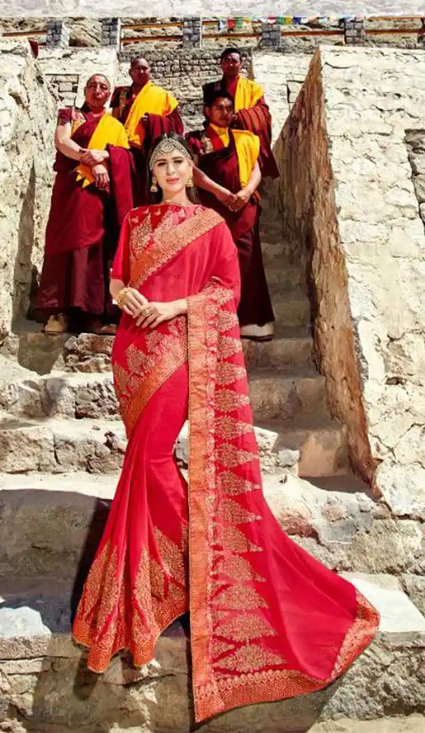 Captivating Red Color Satin Chiffon Treditional Saree | 379145394
