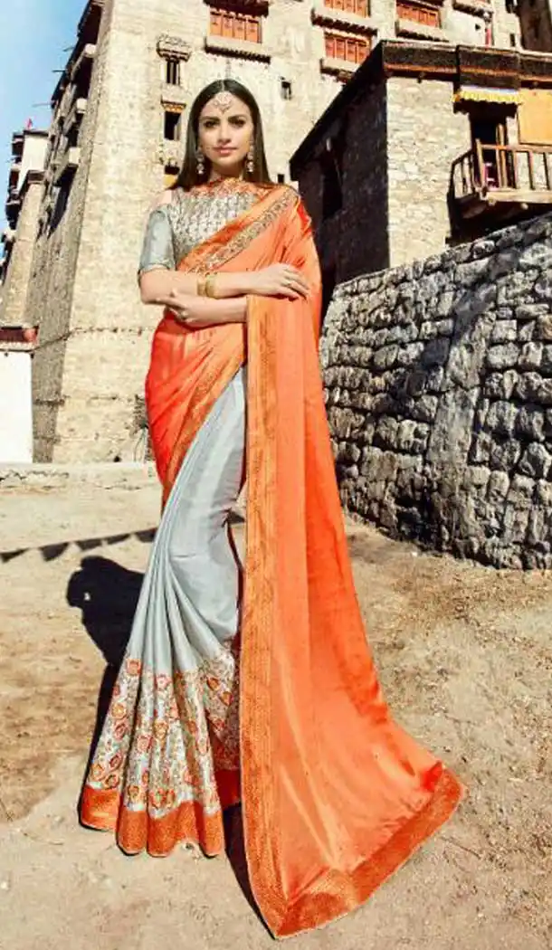 Orange and Silver Color Georgette Rangoli Treditional Saree | 379145395