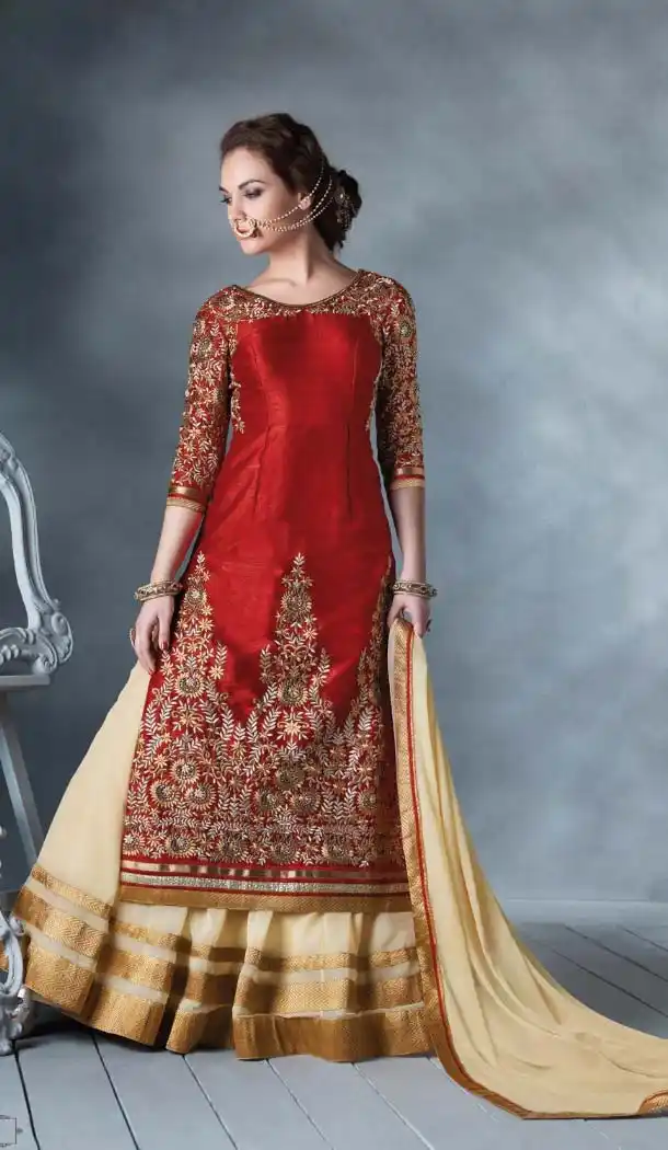 Red and Light Beige Art Silk and Faux Georgette Lehenga Kameez with Dupatta