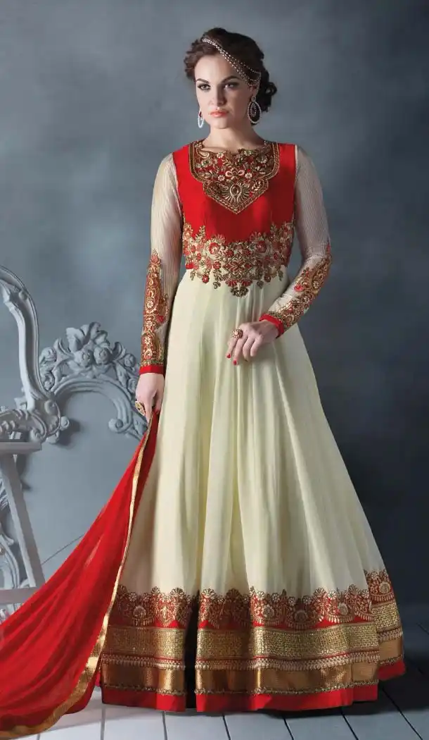Off White Faux Georgette and Art Silk Abaya Style Churidar kameez