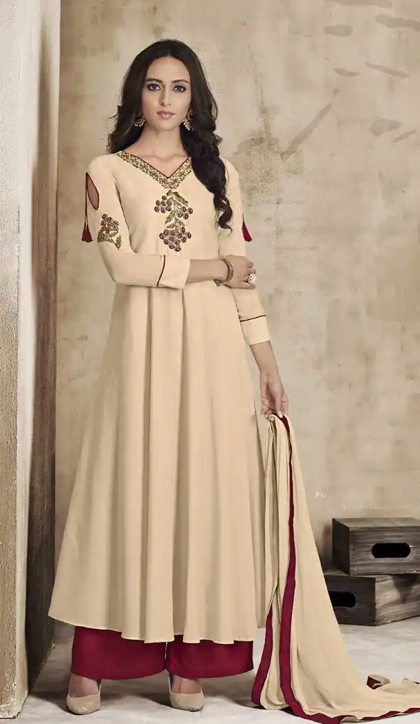 Cream Color Maslin Exclusive Readymade Plazo Salwar Suit | 378445268