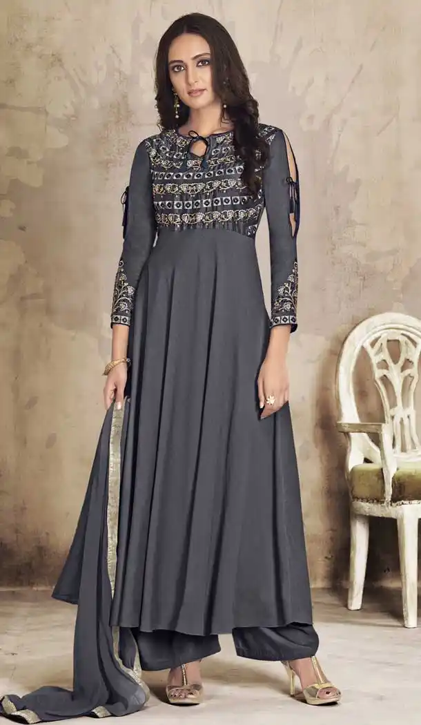 Grey Color Maslin Exclusive Readymade Plazo Salwar Suit | 378445273