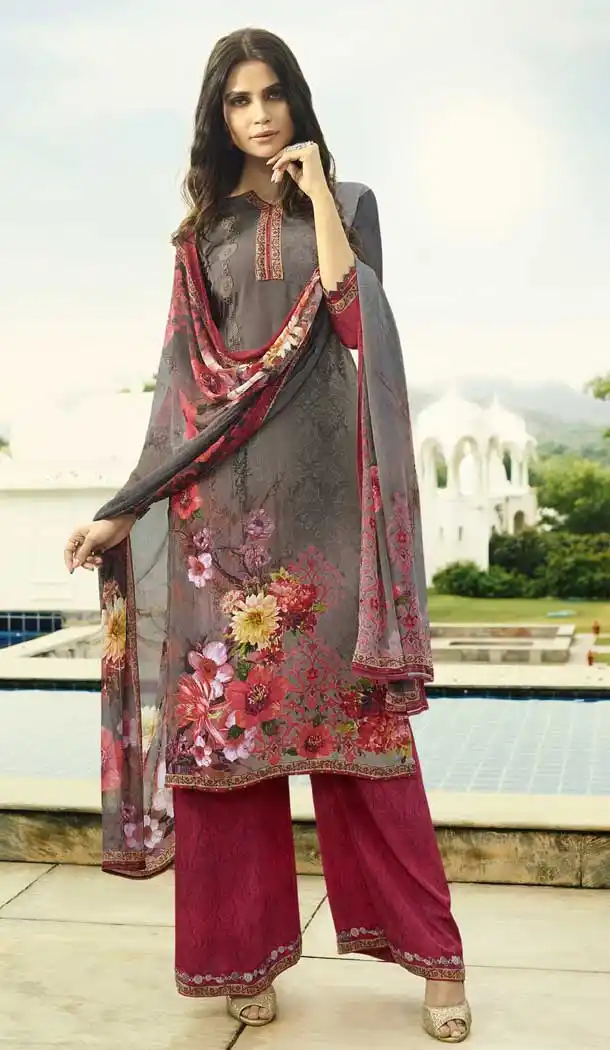 Grey Color Faux Italian crepe Casual Wear Palazzo Suit | 383145791