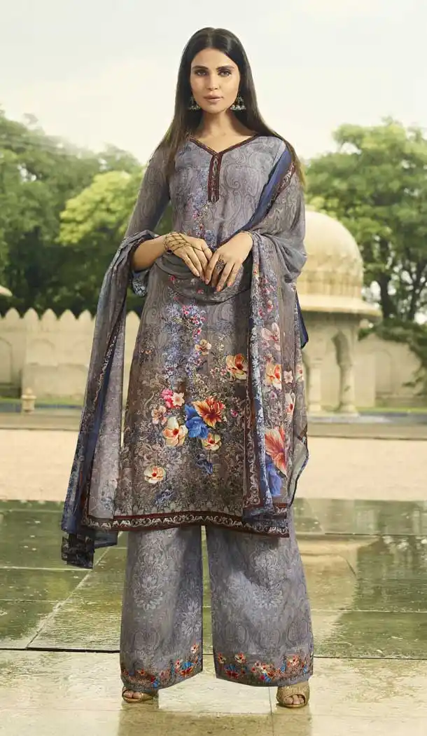 Grey Color Faux Italian crepe Casual Wear Palazzo Suit | 383145800