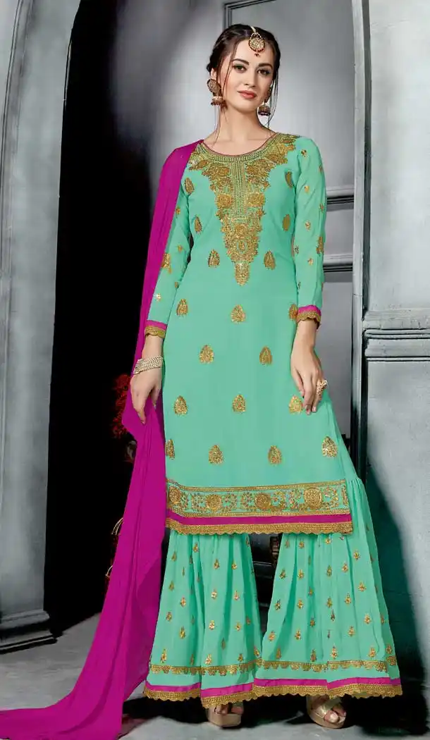Turquoise Color Faux Georgette Party Wear Palazzo Dress BM1001