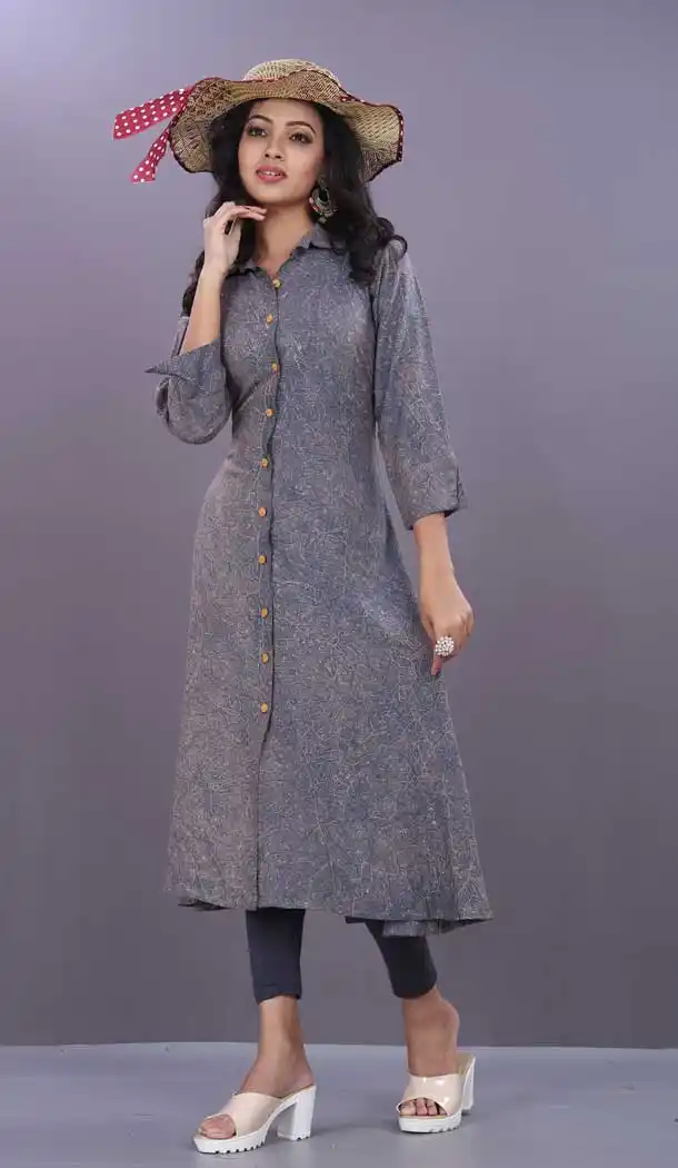 Grey Color Reyon Exclusive Readymade Designer Kurti | 380345507