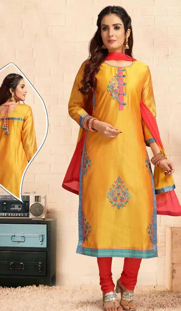 Yellow Color Chanderi Silk Designer Full Stitched Suits | 381645648