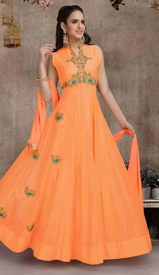Orange Color Art Silk Designer Abhaya Full Stitched Suits | 381645654