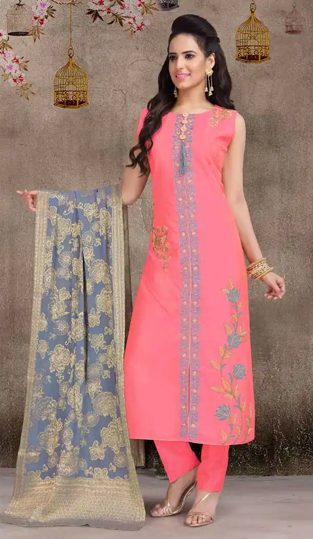 Pink Color Art Silk Designer Full Stitched Churidar Suits | 381645655