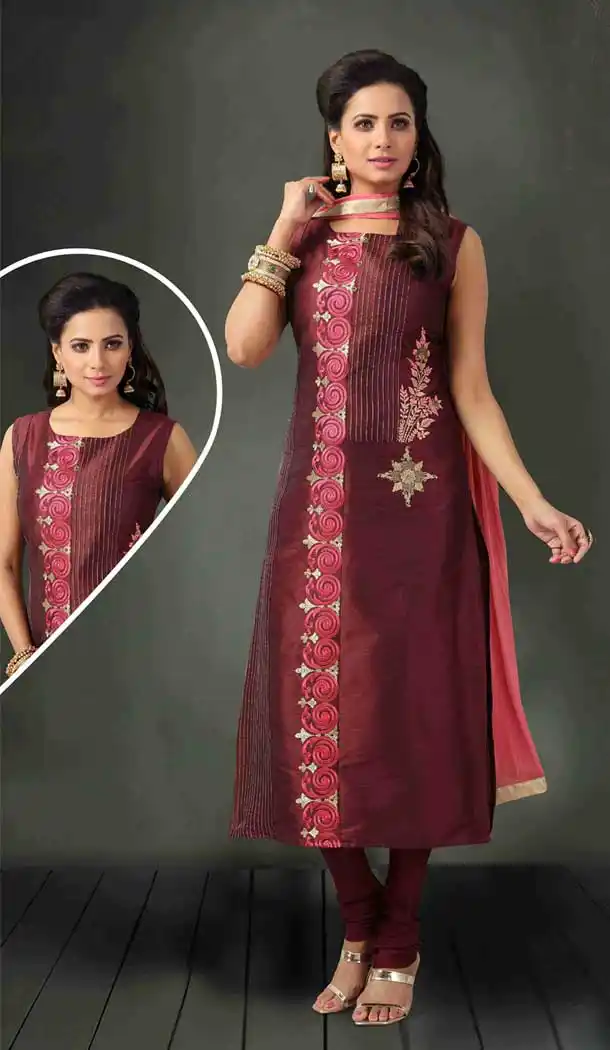 Maroon Color Art Silk Designer Full Stitched Churidar Suits | 381645656