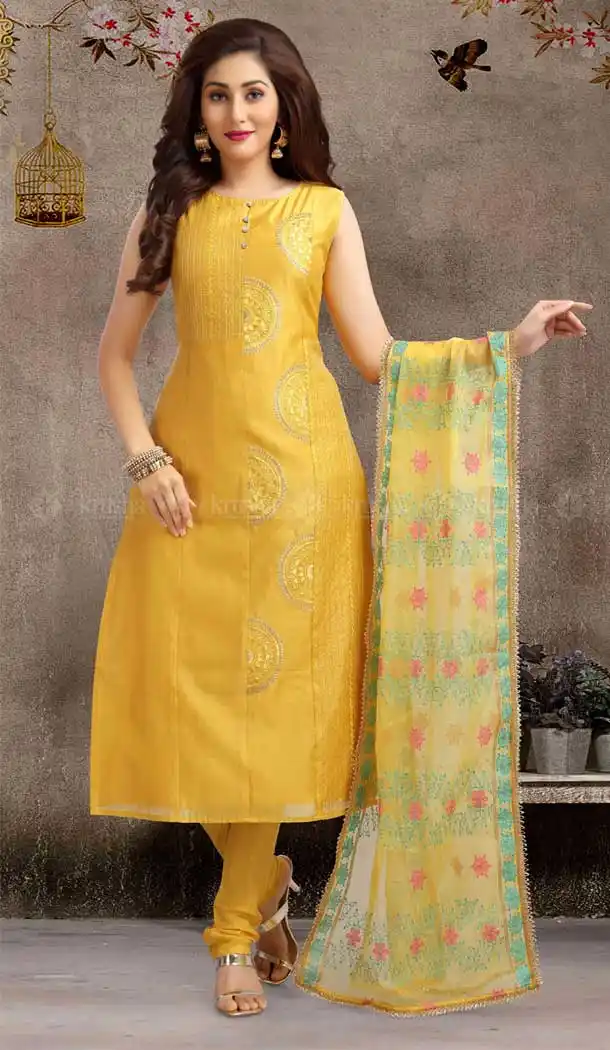 Yellow Color Cotton Designer Full Stitched Churidar Suits | 381645657
