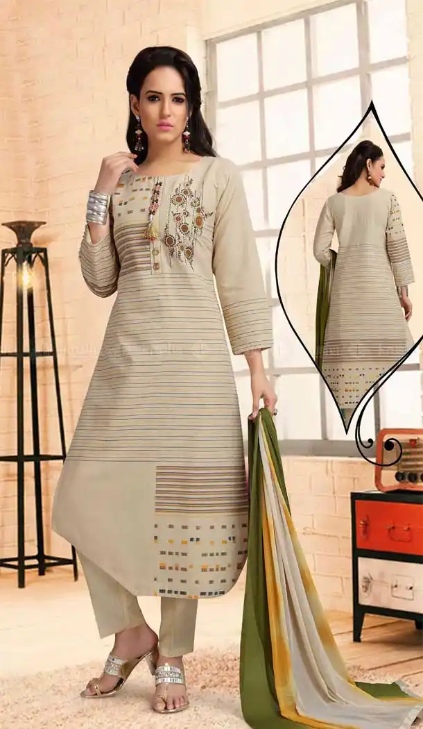 Off White Color Cotton Designer Full Stitched Churidar Suits | 381645659