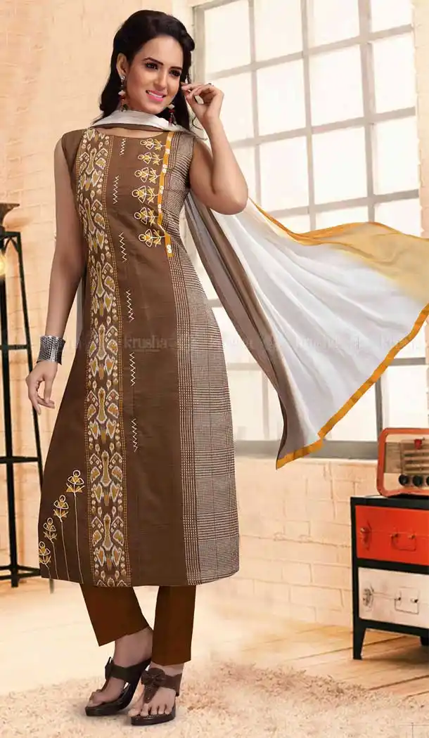 Coffee Color Chanderi Designer Full Stitched Churidar Suits | 381645662