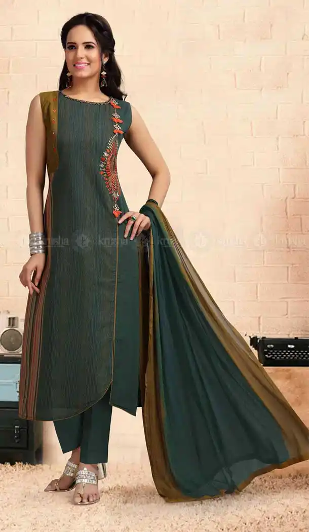 Dark Green Chanderi Designer Full Stitched Churidar Suits | 381645663