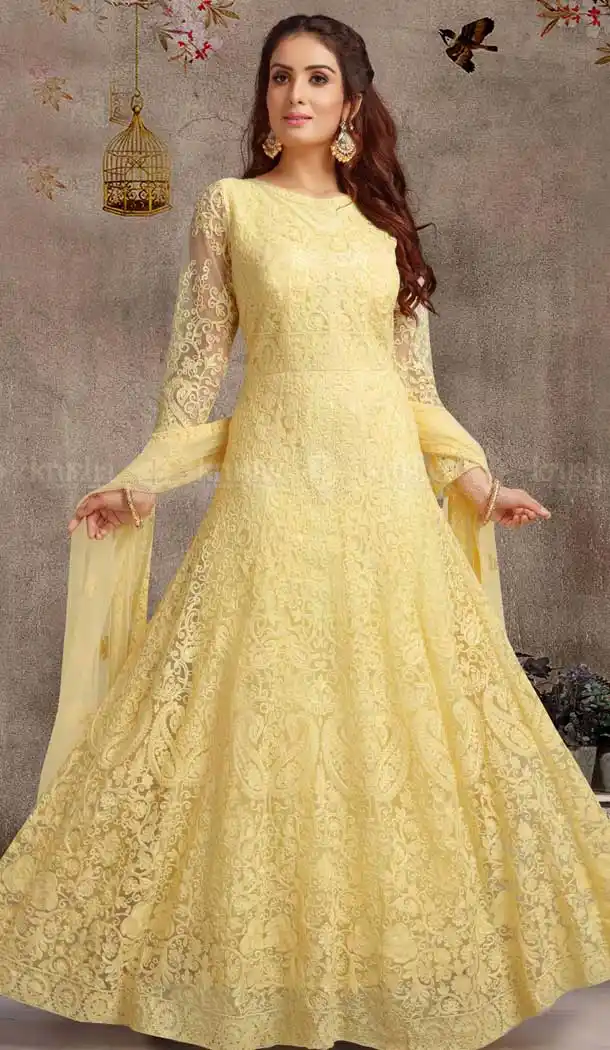 Yellow Color Net Designer Full Stitched Long Anarkali Suits | 381645664