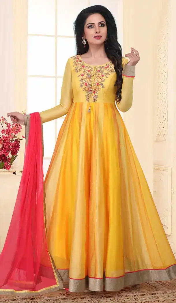 Yellow Chanderi Designer Full Stitched Long Anarkali Suits | 381645665