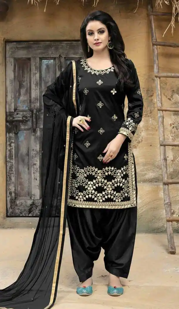 Black Color Taffeta Silk Embroidered Salwar Kameez | 379345411