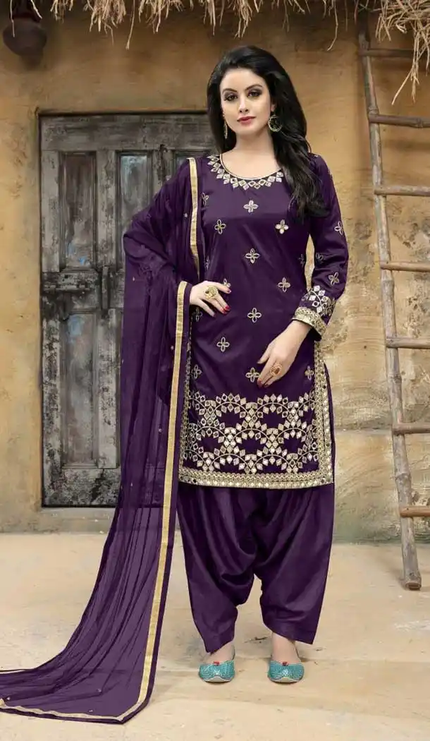 Purple Color Taffeta Silk Embroidered Salwar Kameez | 379345412