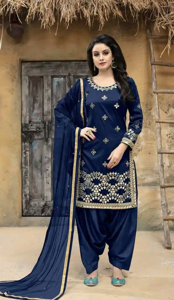 Navy Blue Color Taffeta Silk Embroidered Salwar Kameez | 379345413
