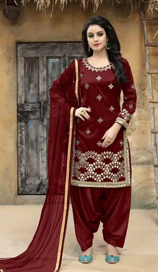 Maroon Color Taffeta Silk Embroidered Salwar Kameez | 379345414