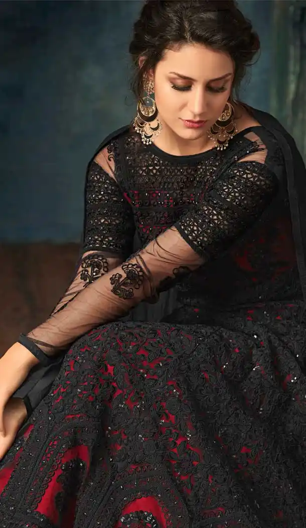 Black and Red Color Net Designer Floor Length Salwar Kameez - 58387612