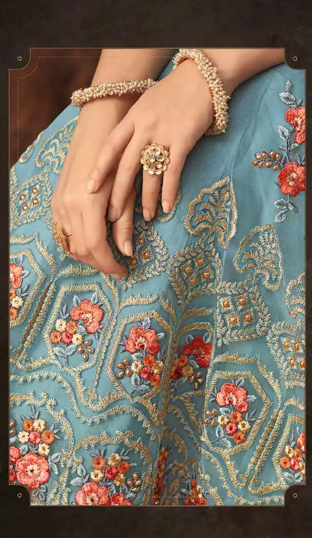 Light Blue Color Net Designer Floor Length Salwar Kameez - 58387613