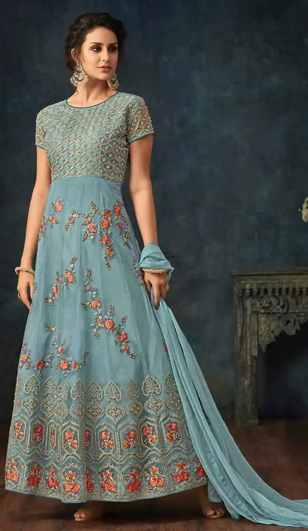Light Blue Color Net Designer Floor Length Salwar Kameez - 58387613