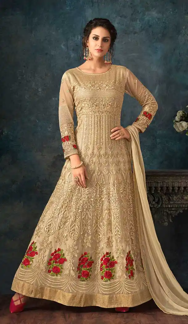 Beige Color Net Designer Floor Length Salwar Kameez - 58387614