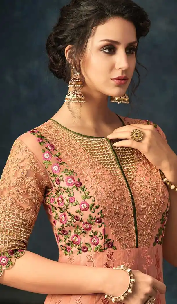 Peach Color Net Designer Floor Length Salwar Kameez - 58387615