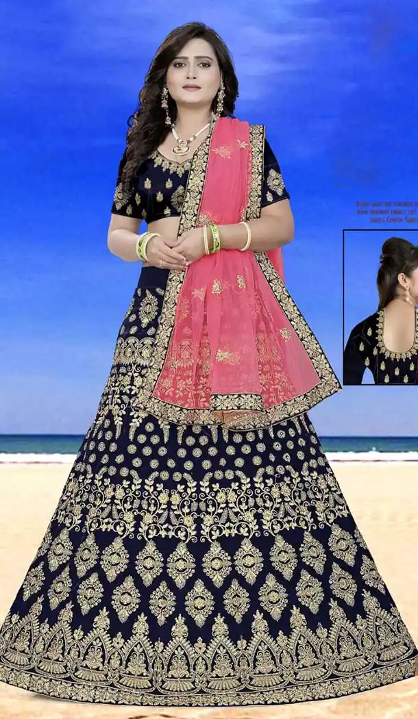 Navy Blue Color Velvet Heavy Designer Wedding Lehenga Choli | 387946772