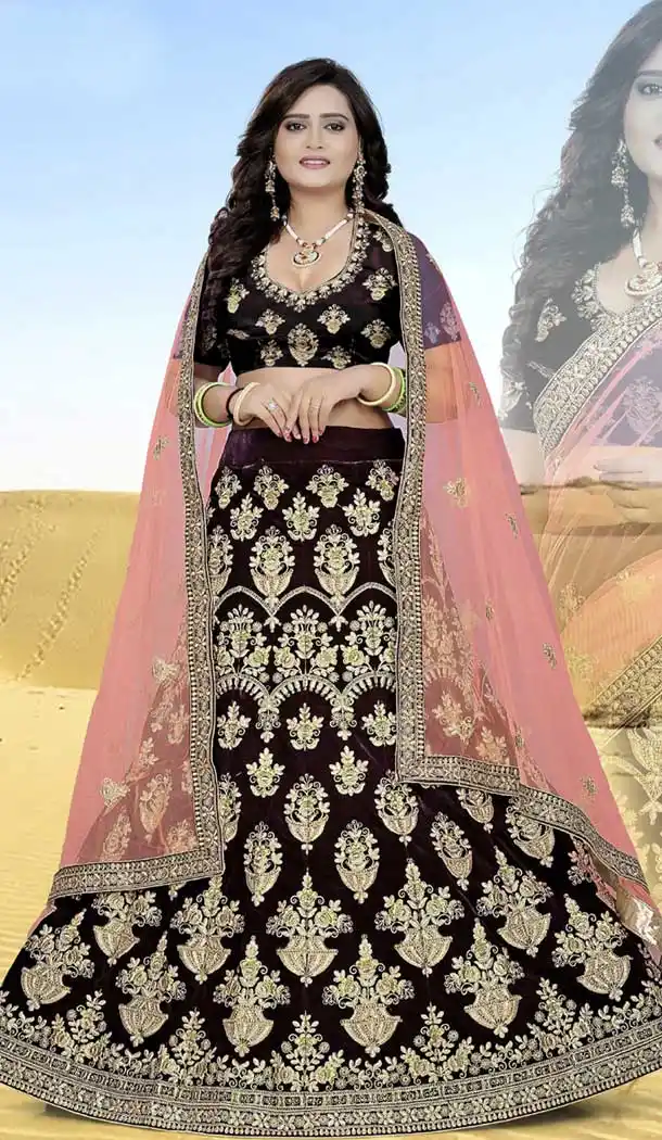 Dark Coffee Color Velvet Heavy Designer Wedding Lehenga Choli | 387946774