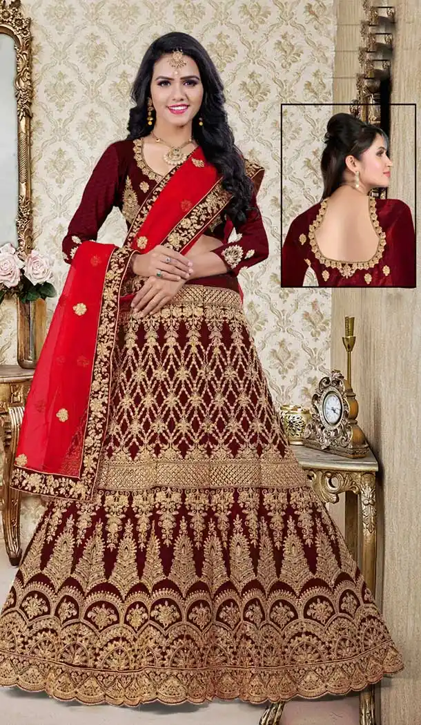 Maroon Color Velvet Heavy Designer Wedding Lehenga Choli | 387946777