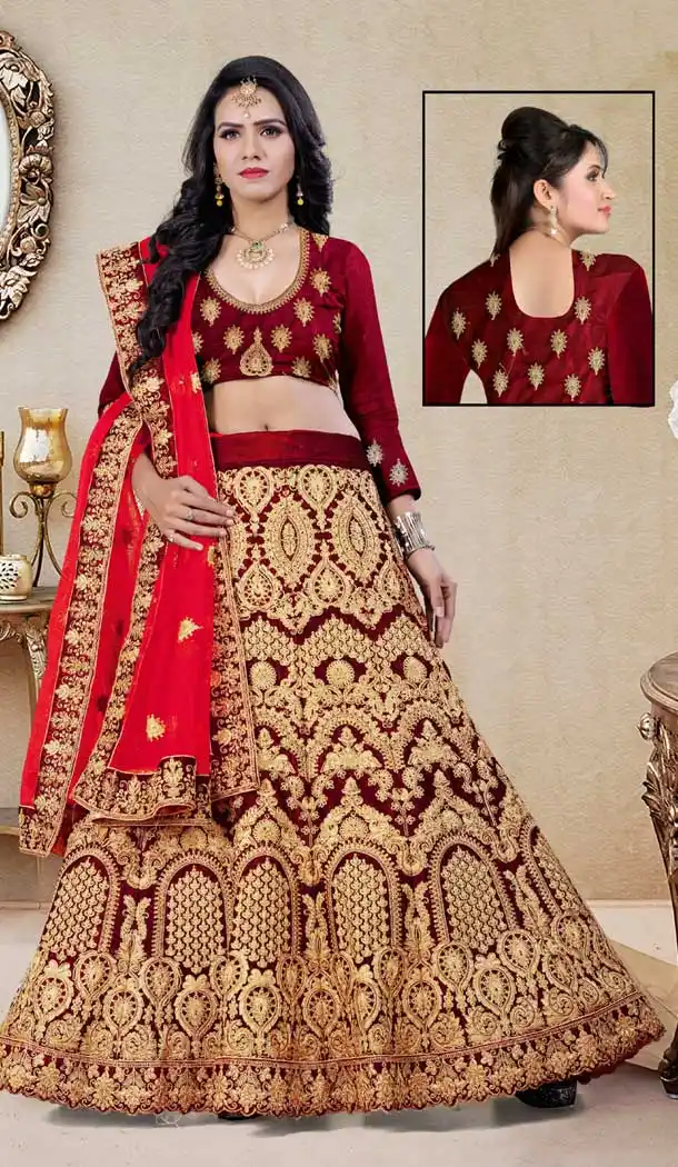 Gorgeous Maroon Color Velvet Designer Wedding Lehenga Choli | 387946778